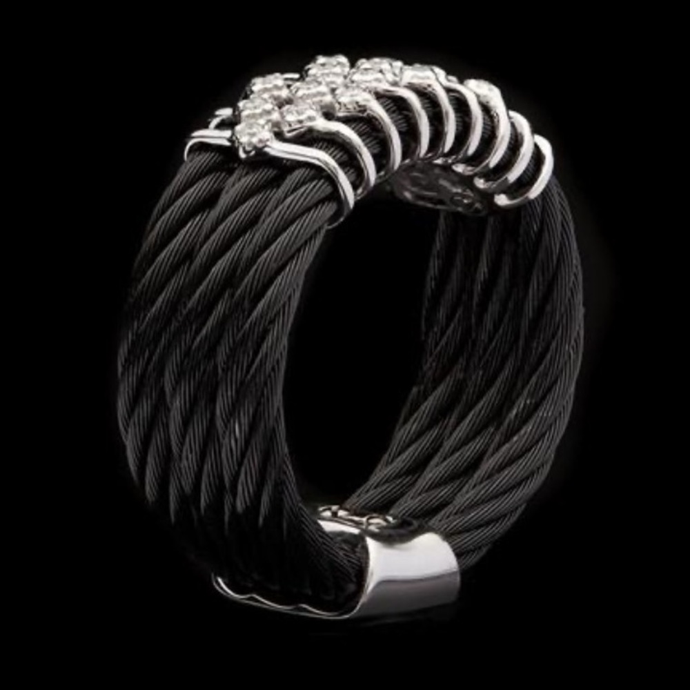 Charriol 18Kt & Black Steel Cable Diamond Band Ring Size 5
